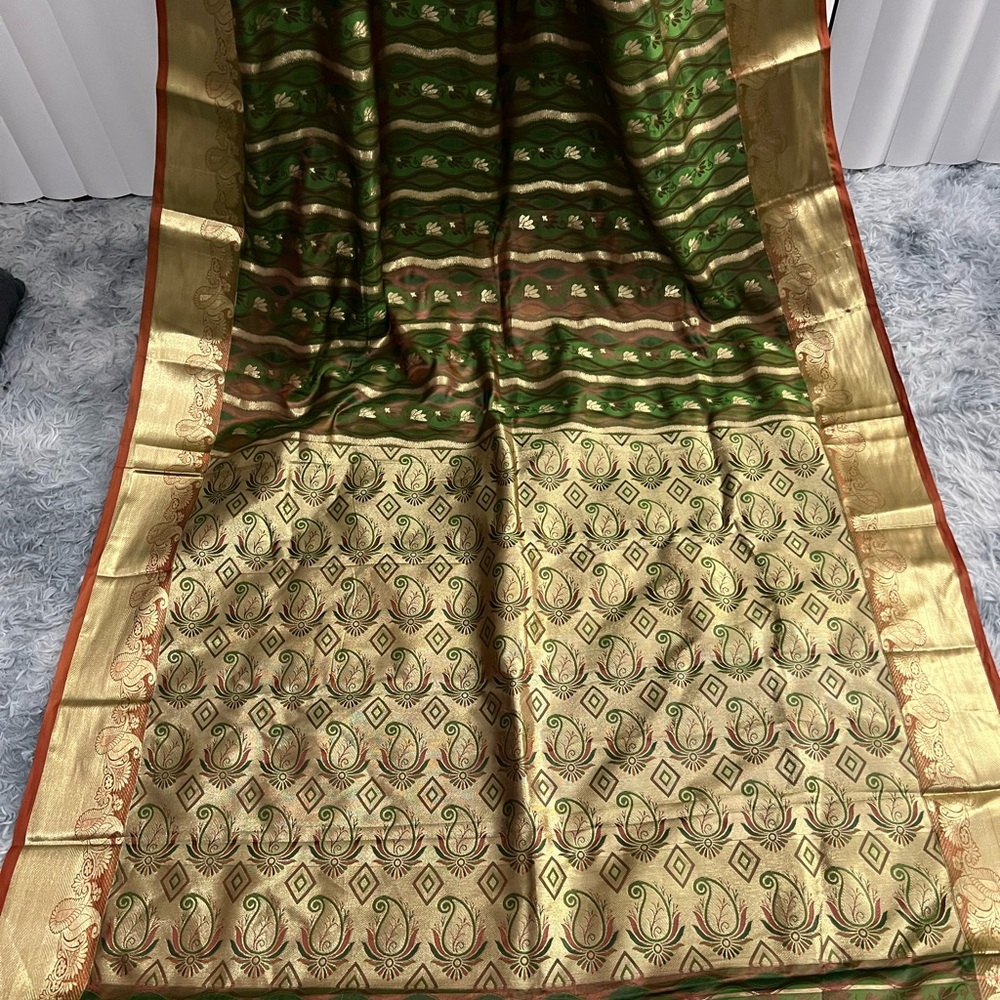 Ethnic Indian Wear Banarasi Katan Silk Green, Red and Cream Saree